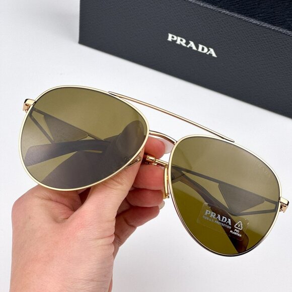 Prada PR73ZS 5AK01T BRAND NEW Sunglasses Shiny Gold Dark Brown Pilot Unisex - Picture 3 of 13